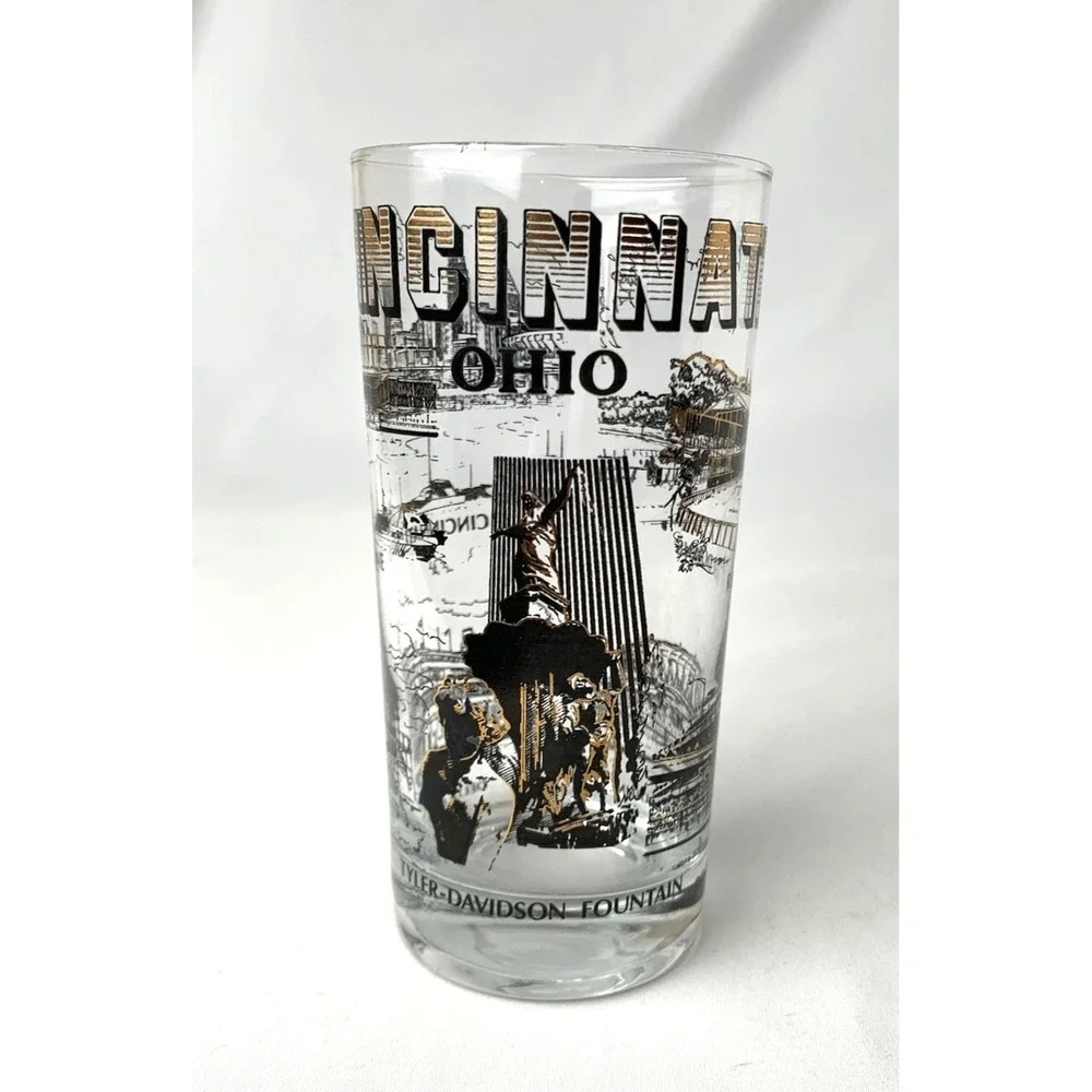 Cincinnati‎ Ohio Highball Tumbler Glass Vintage Landmarks MCM Black Gold Barware